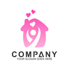 happy family home logo, people inside house with heart shape, love house logo icon