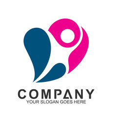 people healthy and love logo, kid care, abstract heart icon with human inside and water splash