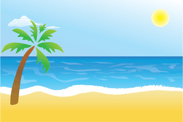 Beach Background with Sand, Ocean, Palm Tree, and Sun