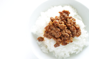 Taiwanese food, spicy ground beef on rice with copy space