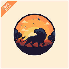 Lion with sunset background safari zoo logo vector