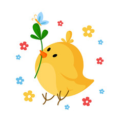 Cartoon Easter Day - little chicken witn green leaf and spring flowers, cute cartoon kids holiday illustration, isolated character on white, ideal for greeting postcards, prints, posters - vector