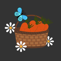 Carrots in a wicker basket on a background of daisies and butterflies, illustration, brown background, vector