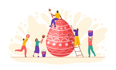 Easter Day - miniature people decorate giant easter eggs, tiny man and woman with macro spring holiday objects, teamwork concept, ideal for banner, website, cards - vector flat or handdrawn characters