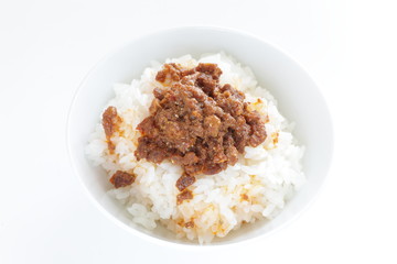 Taiwanese food, spicy ground beef on rice with copy space
