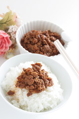 Taiwanese food, spicy ground beef on rice with copy space