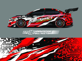 Drift car graphic livery design vector. Graphic abstract stripe racing background designs for wrap cargo van, race car, pickup truck, adventure vehicle. Eps 10 © zoulgraphic