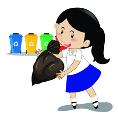 Girl school, carrying garbage bags, on a white background