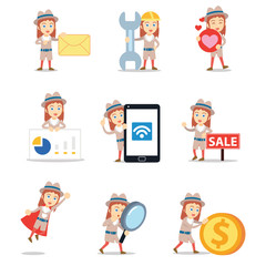 Set of woman character as a detective profession.