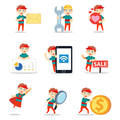 Set of character male golf player in sport activities.