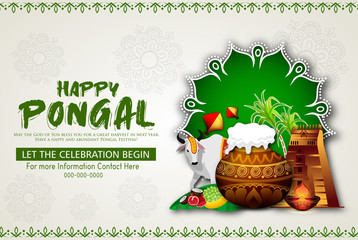 Illustration of Happy Pongal Holiday Harvest Festival of Tamil Nadu South India greeting vector background - 313755401