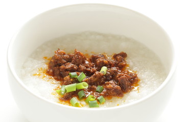 Taiwanese food,  spicy meat jerky on rice porridge