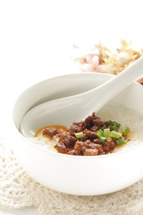 Taiwanese food,  spicy meat jerky on rice porridge