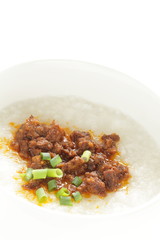 Taiwanese food,  spicy meat jerky on rice porridge