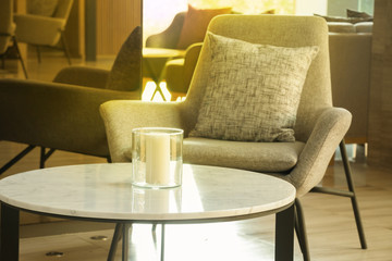 lobby with grey armchair
