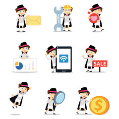 Set of character magician woman in a circus performer.