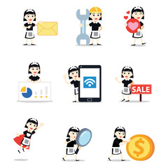 Fototapeta premium Set of woman character as a house maid profession.