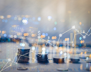 Double exposure of graph and rows of coins currency exchange rates in the world market for finance...