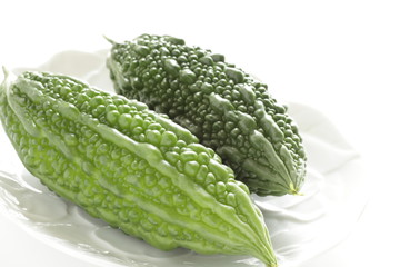 Chinese cooking,  bitter melon on dish with copy space