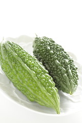 Chinese cooking,  bitter melon on dish with copy space