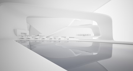 Abstract architectural smooth white interior of a minimalist house with swimming pool. 3D illustration and rendering.