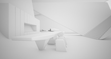 Abstract architectural smooth white interior of a minimalist house with swimming pool. 3D illustration and rendering.