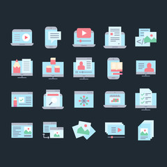 Set of blogging and types of content vector pictogram icons.