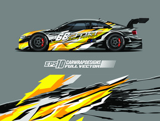 Drift car graphic livery design vector. Graphic abstract stripe racing background designs for wrap cargo van, race car, pickup truck, adventure vehicle. Eps 10