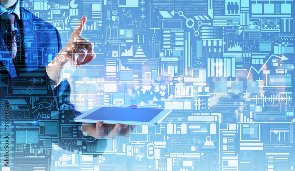 Poster businessman with tablet computer using virtual screen on color background. concept of modern busines