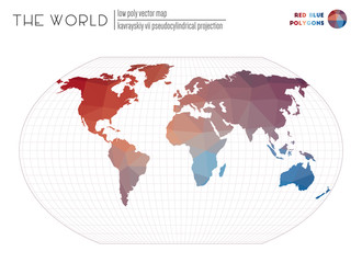 Vector map of the world. Kavrayskiy VII pseudocylindrical projection of the world. Red Blue colored polygons. Creative vector illustration.