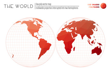 Polygonal world map. Mollweide projection interrupted into two hemispheres of the world. Red Shades colored polygons. Modern vector illustration.