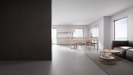 Sea view kitchen, dining and living room of luxury beach house in modern design. Vacation home for big family. Hotel interior 3d illustration.