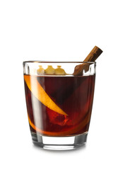 Glass of tasty mulled wine on white background