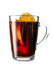 Glass cup of tasty mulled wine on white background
