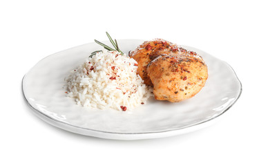 Plate with tasty rice and chicken on white background