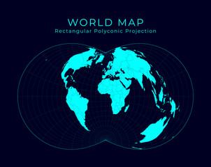 Map of the World. Rectangular (War Office) polyconic projection. Futuristic infographic world illustration. Bright cyan colors on dark background. Trendy vector illustration.