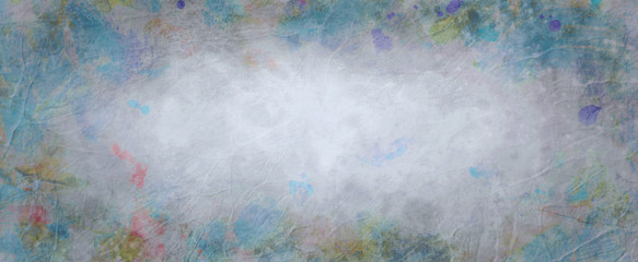 Abstract grunge background texture with white and gray center and textured red blue green paint spatter border design that is old and distressed