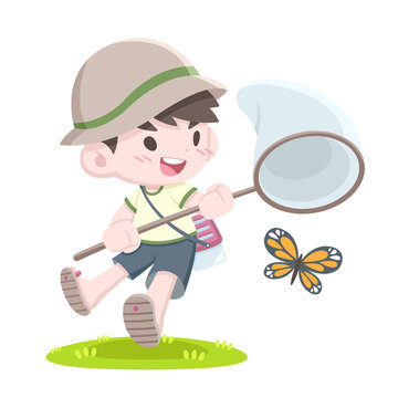 Cute cartoon style little Japanese bug catcher boy catching butterfly vector illustration