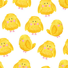  watercolor seamless pattern, yellow easter chickens