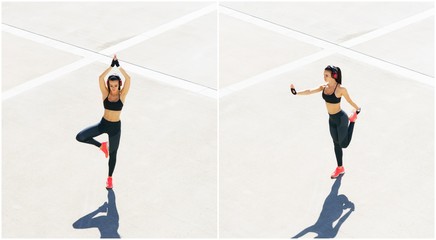 Fototapeta premium Young, fit and sporty girl training outdoor. Fitness, sport, urban jogging and healthy lifestyle concept.