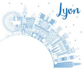 Outline Lyon France City Skyline with Blue Buildings and Copy Space.