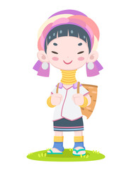 A local tribe of Northern Thailand, Cute style happy Karen long neck woman vector illustration 