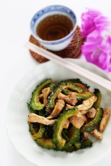 Chinese food, bitter melon and pork stir fried 