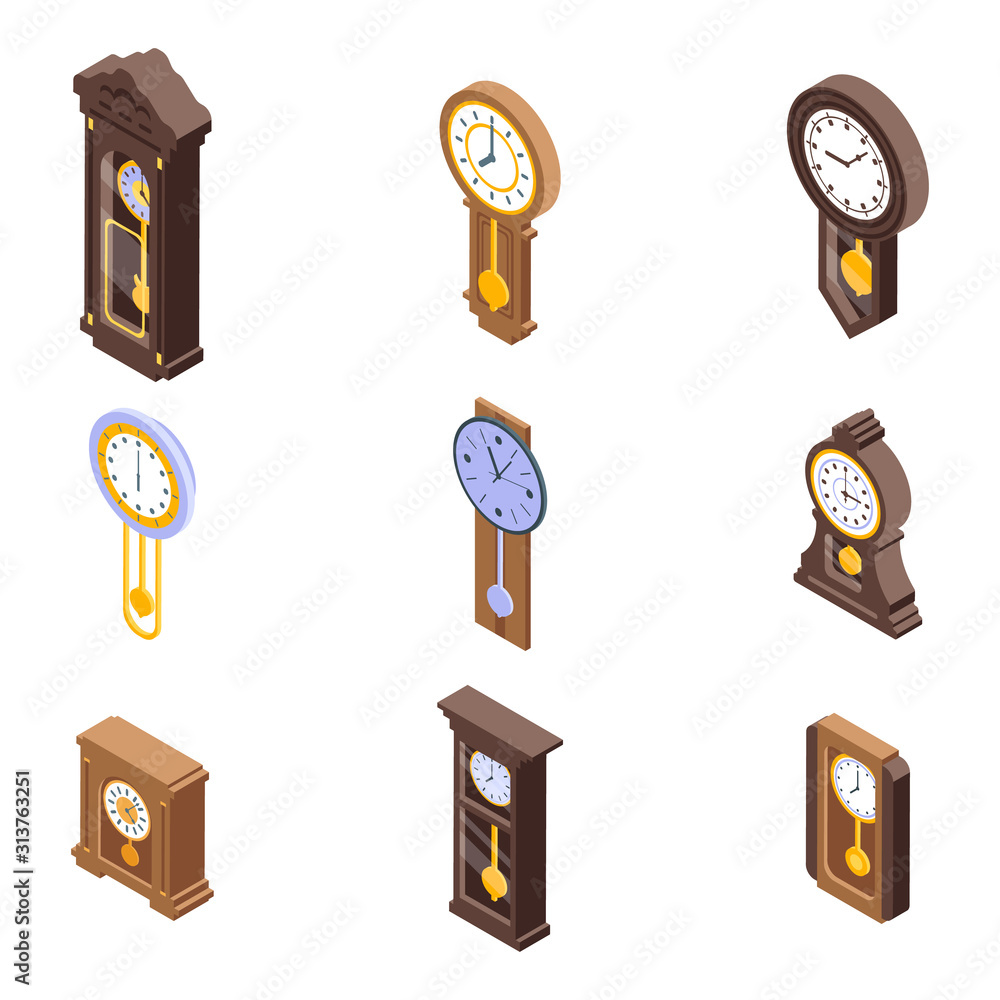 Poster pendulum clock icons set. isometric set of pendulum clock vector icons for web design isolated on wh