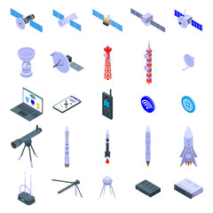 Satellite icons set. Isometric set of satellite vector icons for web design isolated on white background