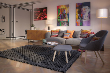 Modern Furniture and Art Panintings Inside an Apartment (drawing) - 3d visualization