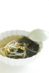 Korean food, seaweed and soy sprout soup with sesame seed on top