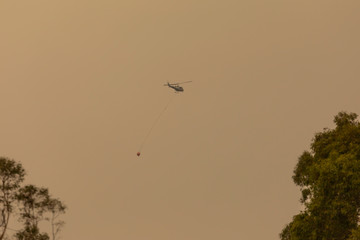 Water bombing fire fighting helicopter in The Blue Mountains in Australia