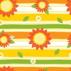 Vector colorful textured sunflowers pen sketch repeat pattern with horizontal stripes. Suitable for textile, gift wrap and wallpaper.