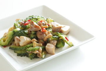 Chinese food, bitter melon and chicken stir fried